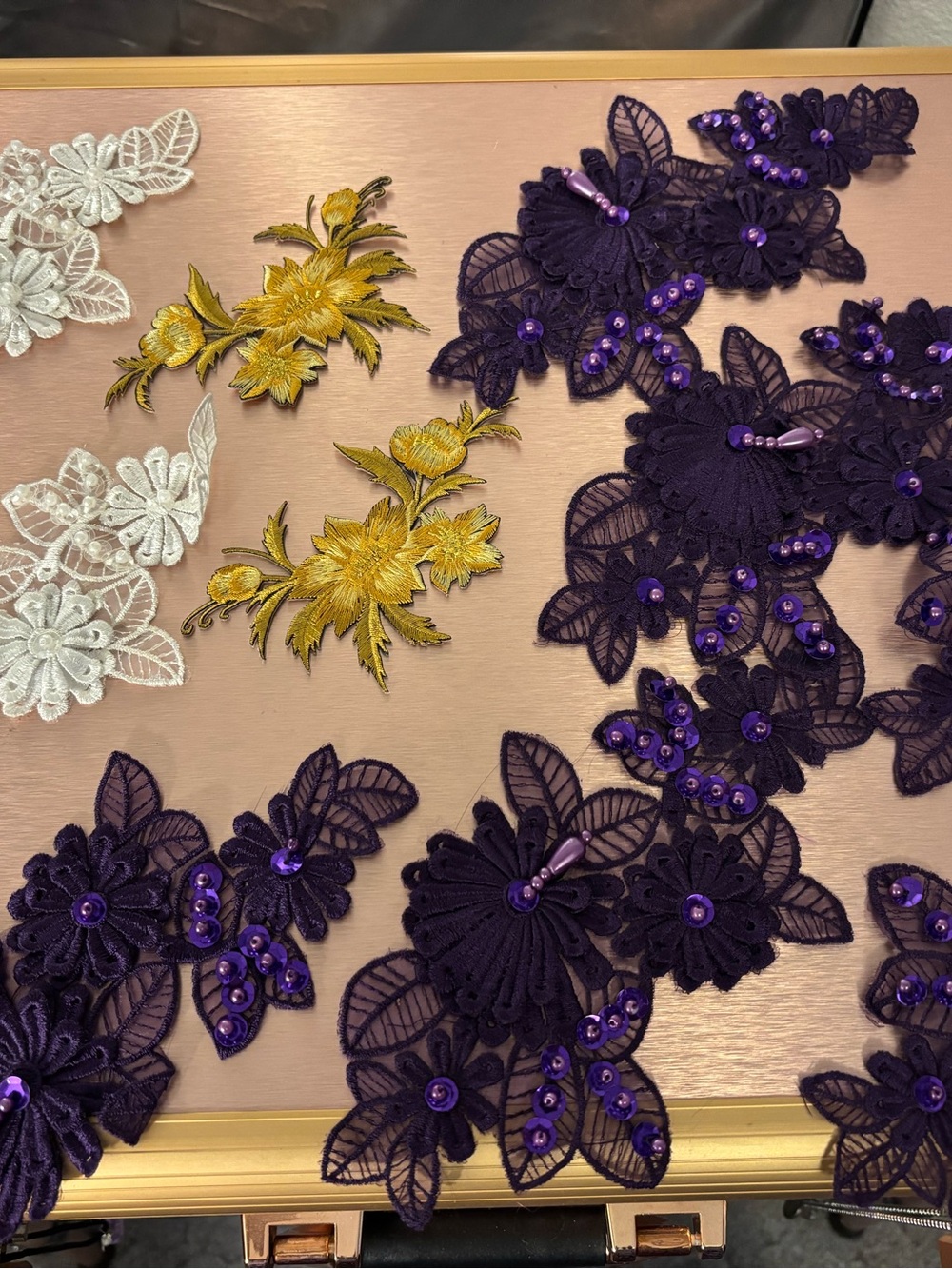 Appliqué Bundle w/ Purple/White Beaded Laces; Gold Floral Accented Appliqués